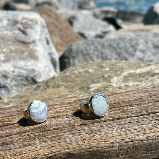 Large freshwater pearl ring close up, natural luster fine silver wrap Natural Earth Collective Ohio