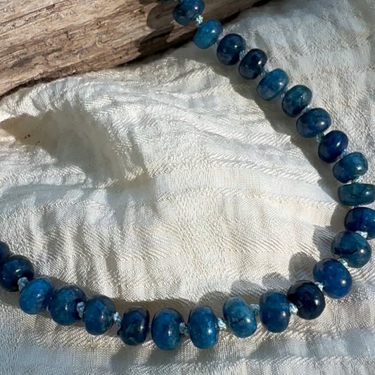 Blue Apatite Beaded necklace, hand knotted on light blue silk thread. Natuarl Earth Collective Ohio