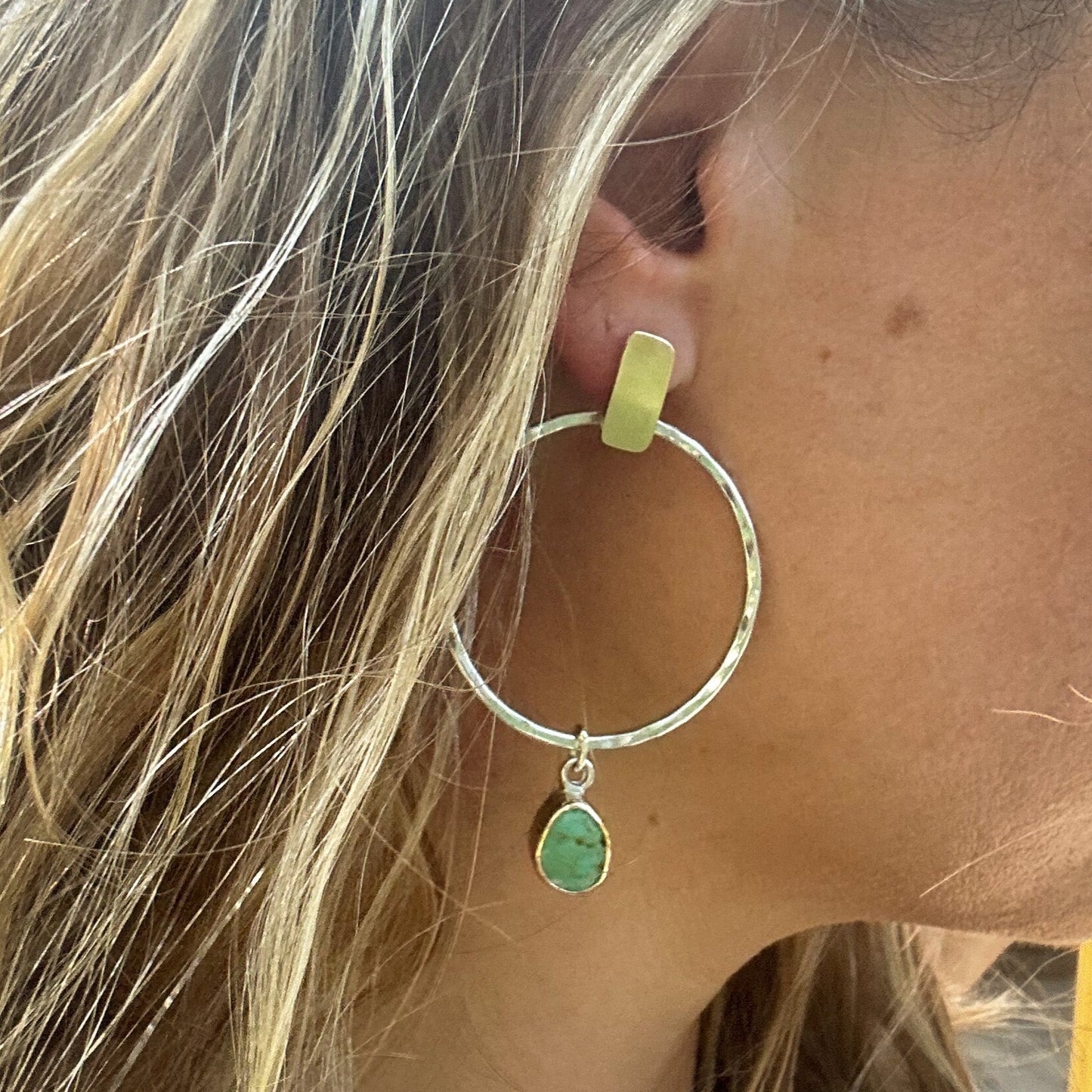 Kingman Turquoise Mixed Metal Hoop Earrings  No.2