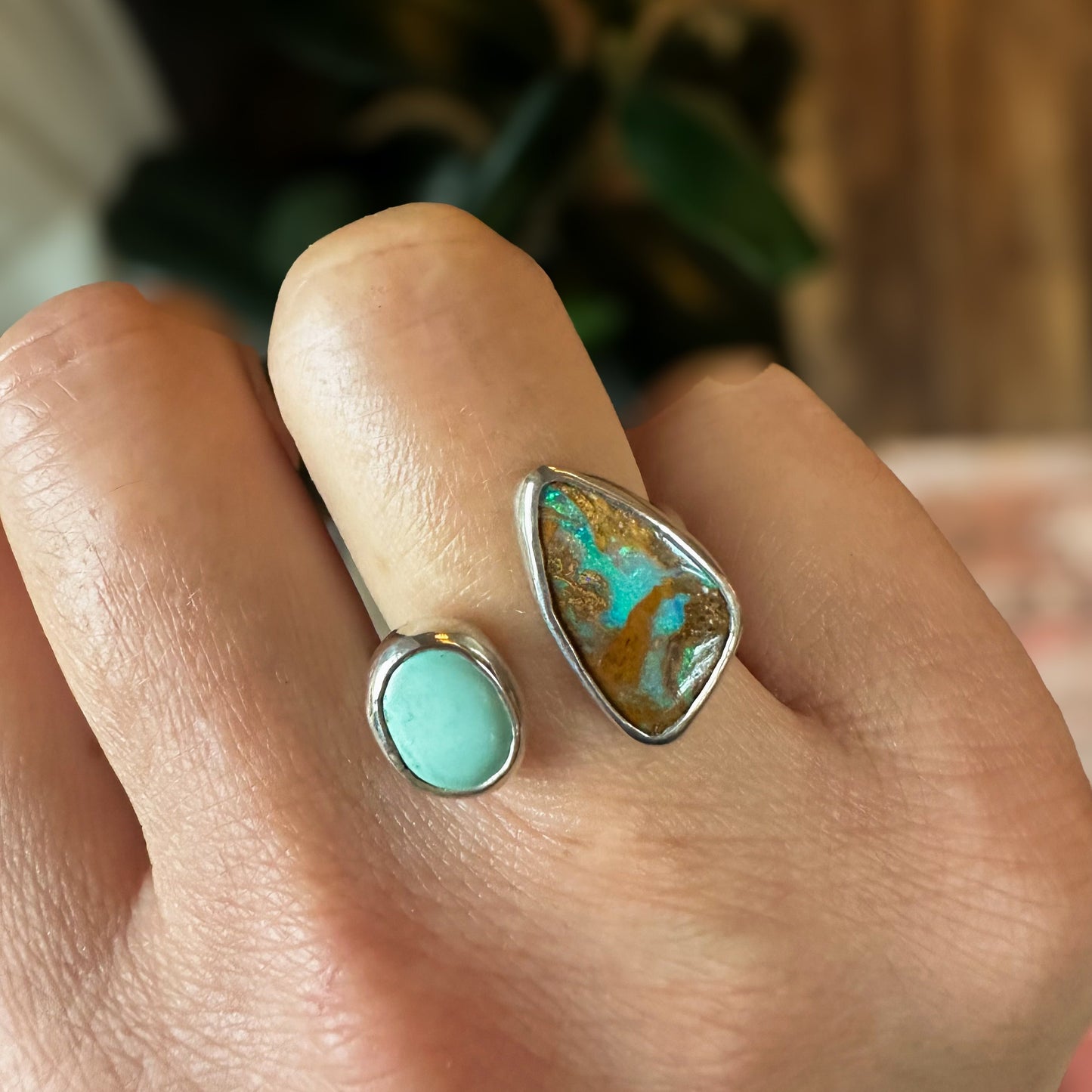 Australian Boulder Opal + Lone Mtn Turquaoise Open Shank Ring (9)