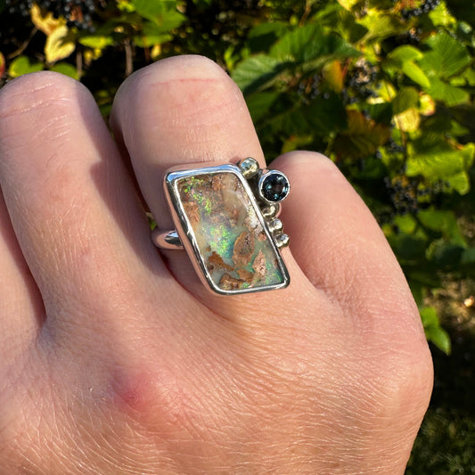 Australian Boulder Opal + London Blue Topaz Ring (Size 8)