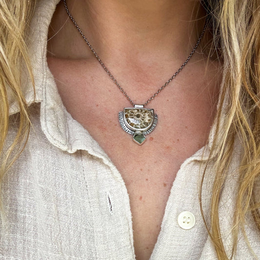 Half Moon Fossilized Ammonite and Geometric Aquamarine Pendant Necklace