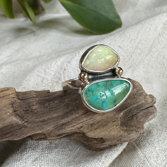 Lone Mtn. Turquoise and Australian Pipe Boulder Opal Ring (Size 8.5)