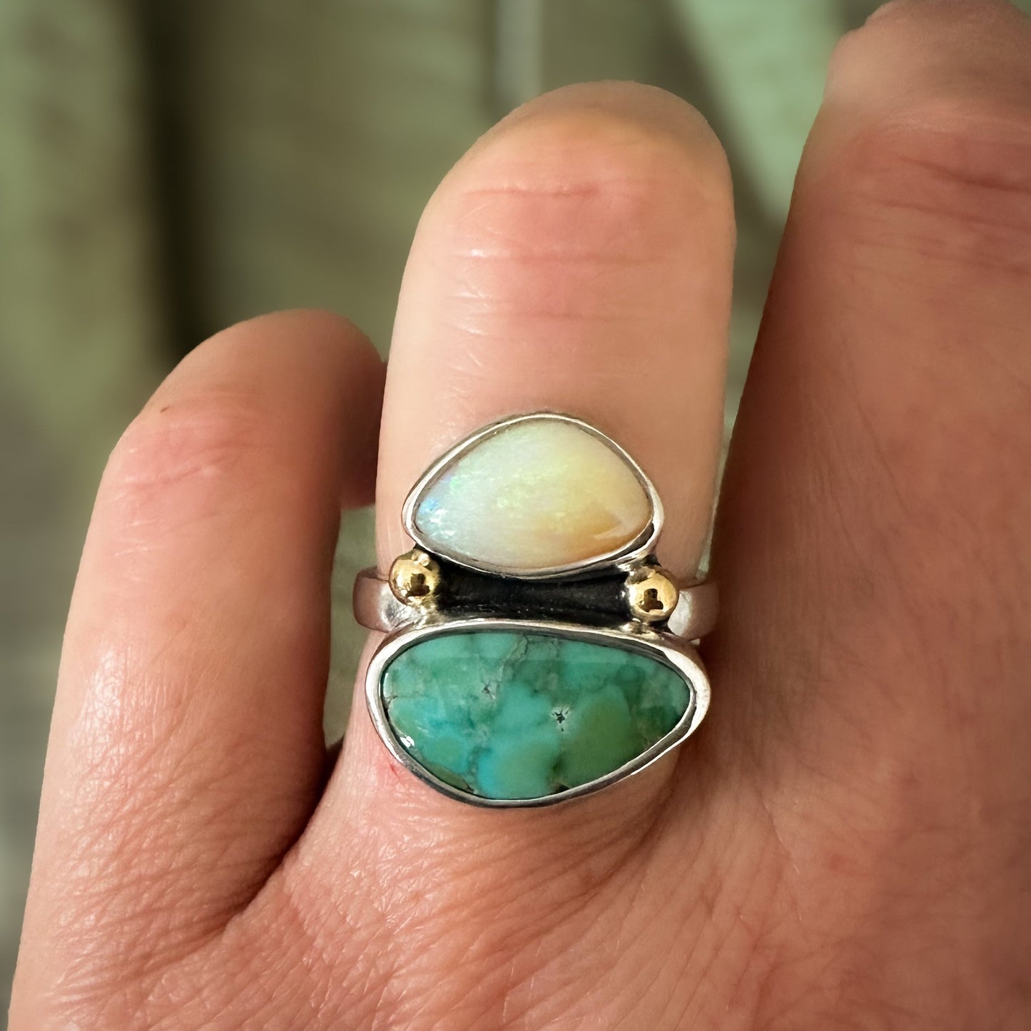 Lone Mtn. Turquoise and Australian Pipe Boulder Opal Ring (Size 8.5)