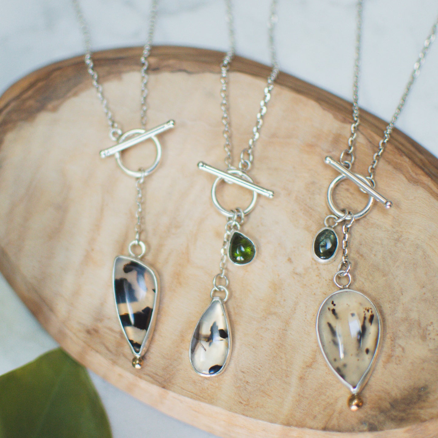 Agate and Emerald Tourmaline Toggle Necklace