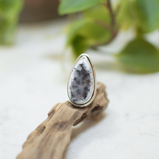 Dendritic Opal Teardrop Ring (size 8)