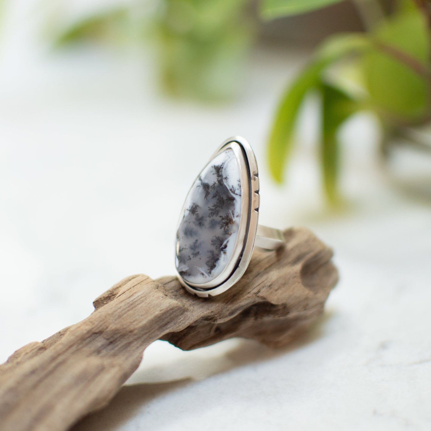 Dendritic Opal Teardrop Ring (size 8)