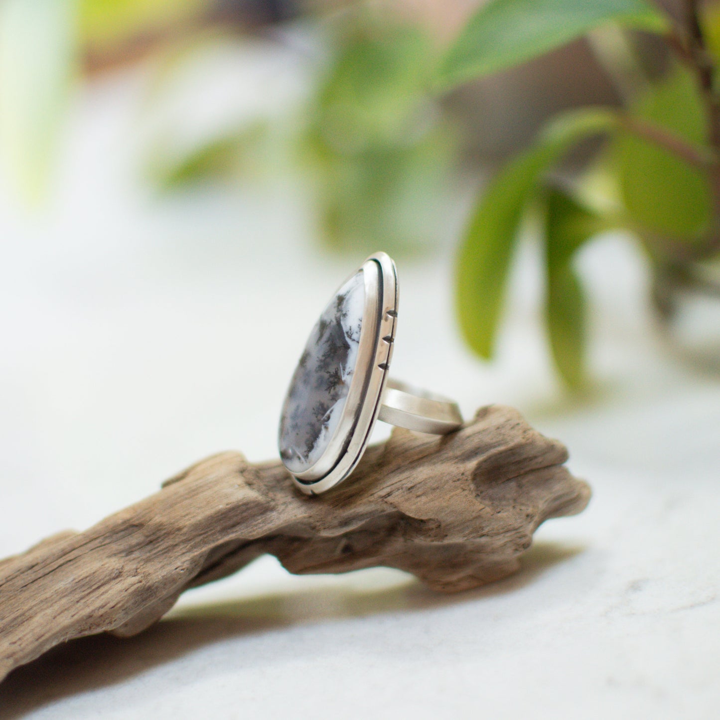 Dendritic Opal Teardrop Ring (size 8)