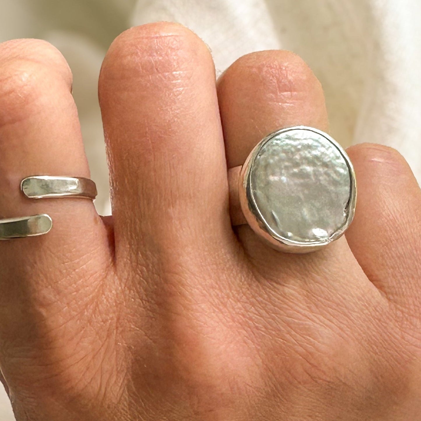 Natural jumbo pearl ring detail, handcrafted artisan sterling silver jewelry Natural Earth Collective Ohio