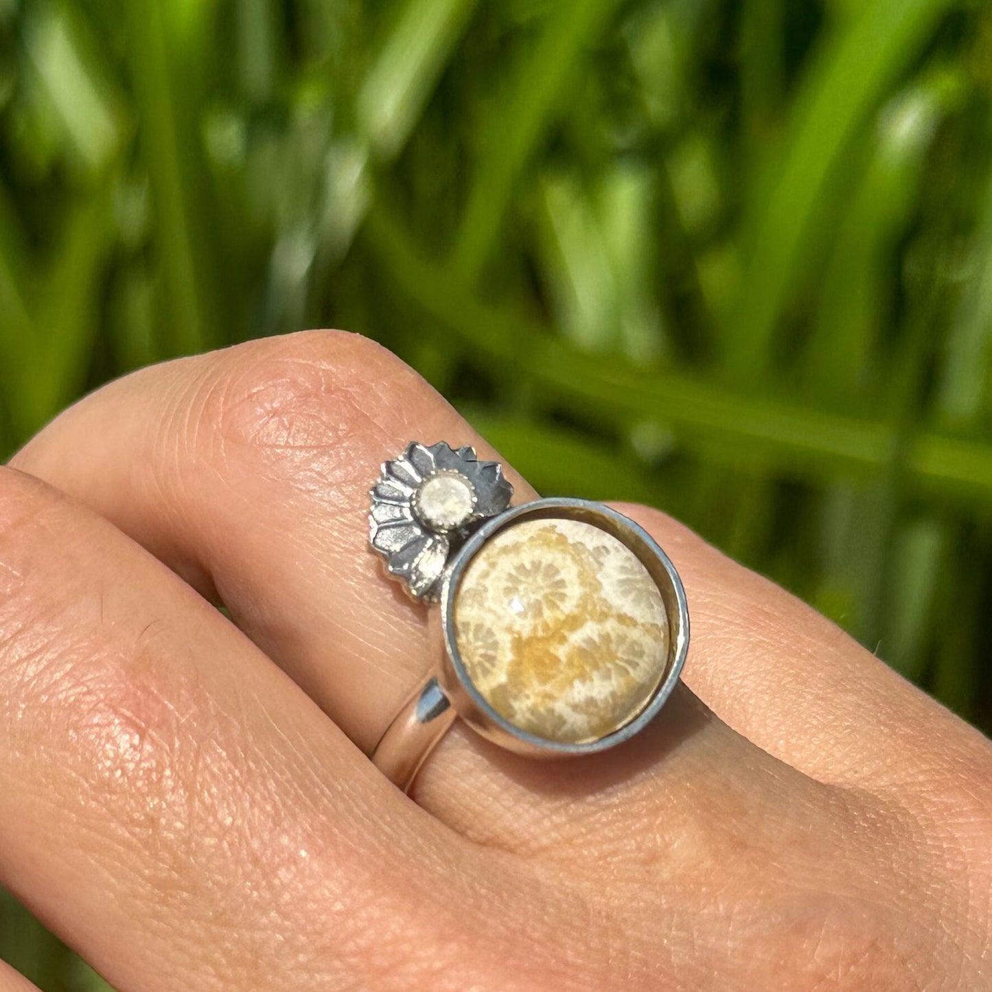 Fossilized Coral and Moonstone Ring (Finish in Your Size)