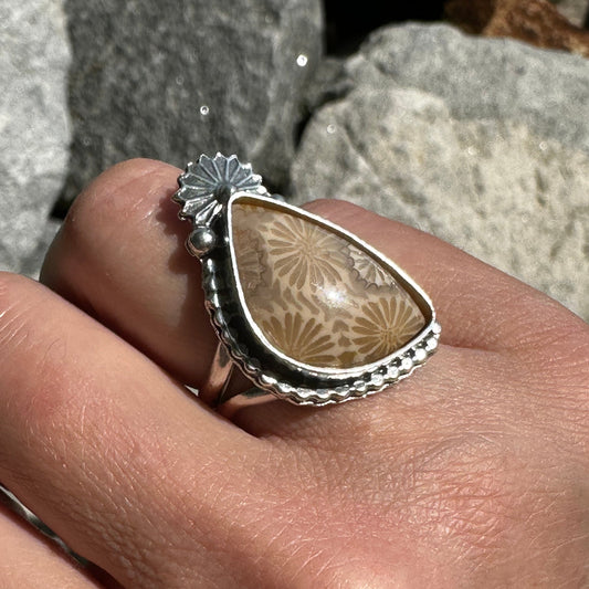 Fossilzed Coral Starburst Ring (Finish in Your Size)