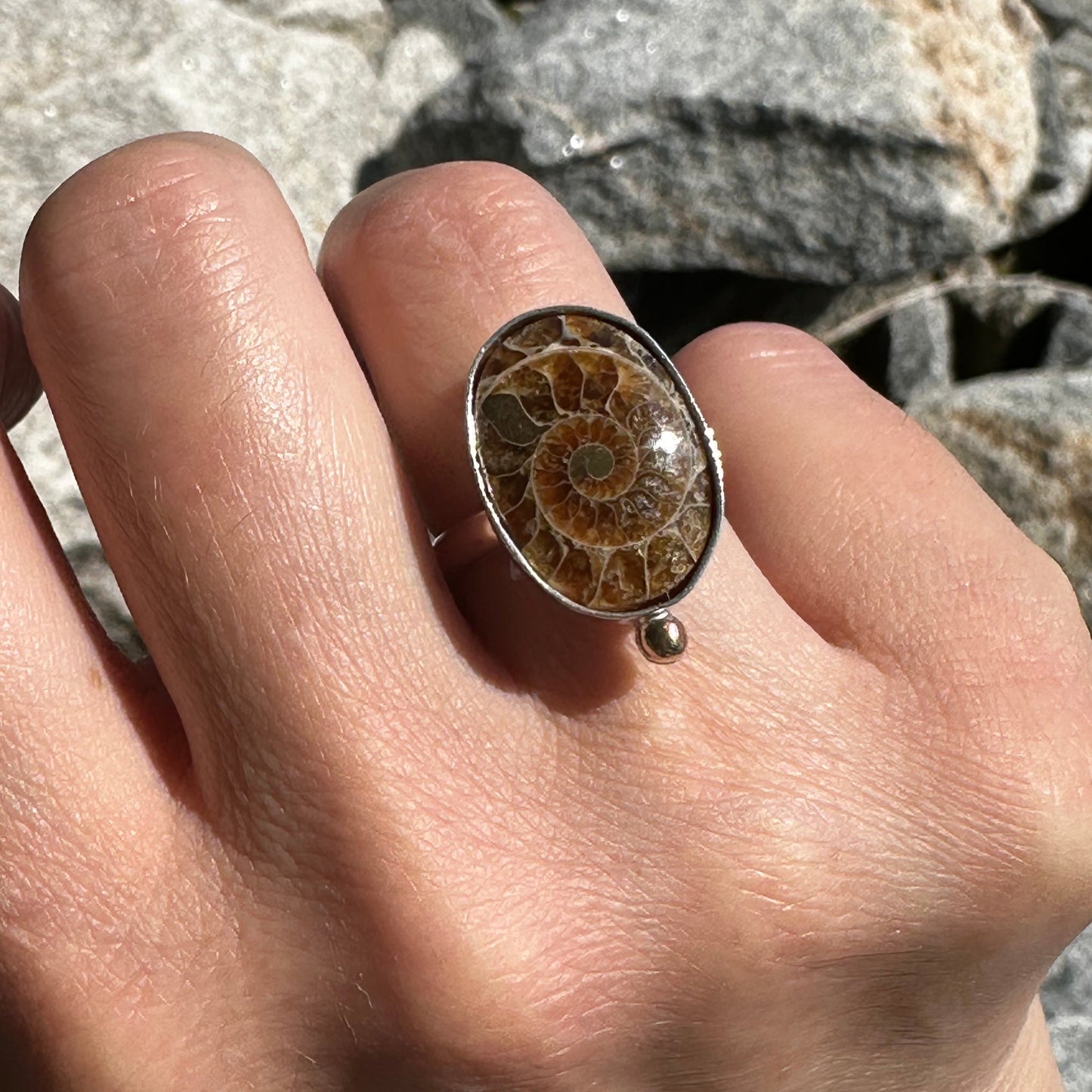 Single Fossilized Ammonite Ring (Finish in Your Size)
