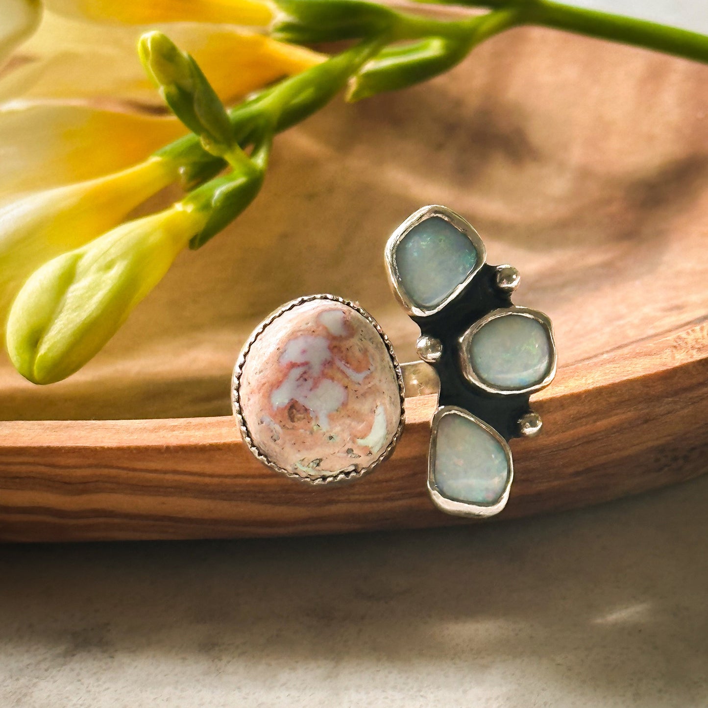Open Shank Mexican Opal and Triple Australian Opal Ring