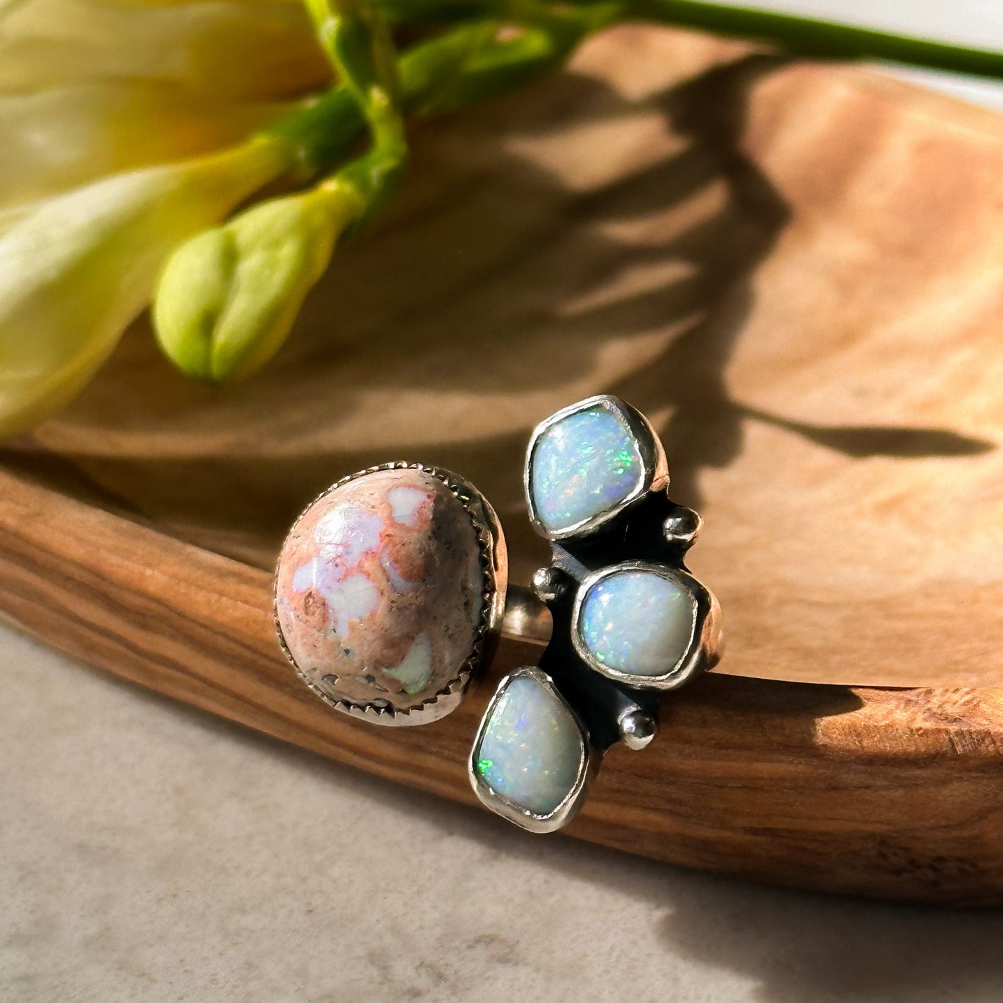 Open Shank Mexican Opal and Triple Australian Opal Ring