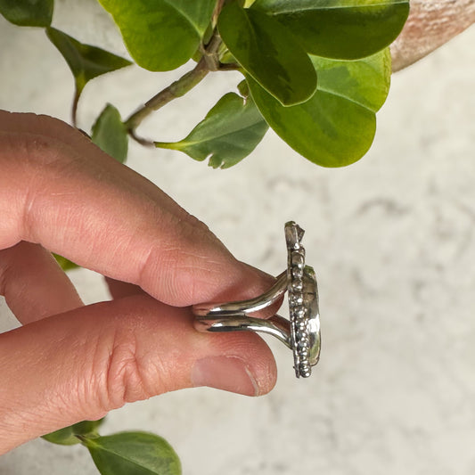 Teardrop Aloe Variscite and Oregon Sunstone ring | Size 6