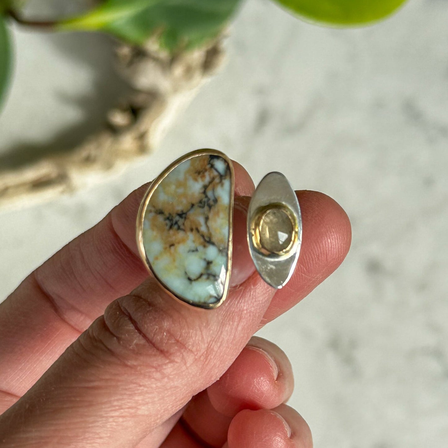 Aloe Variscite and Umba Sapphire Open Shank Ring | Size 7.5