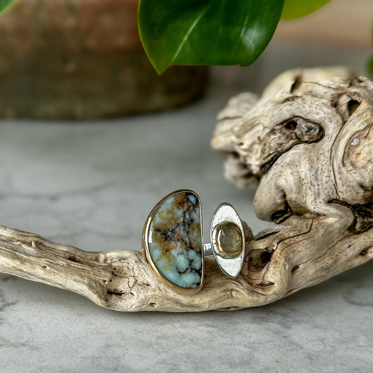 Aloe Variscite and Umba Sapphire Open Shank Ring | Size 7.5