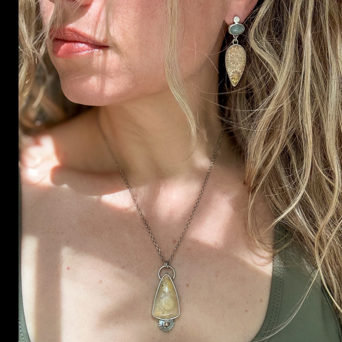 Aquamarine and Fossilized Coral Stud Dangle Earrings