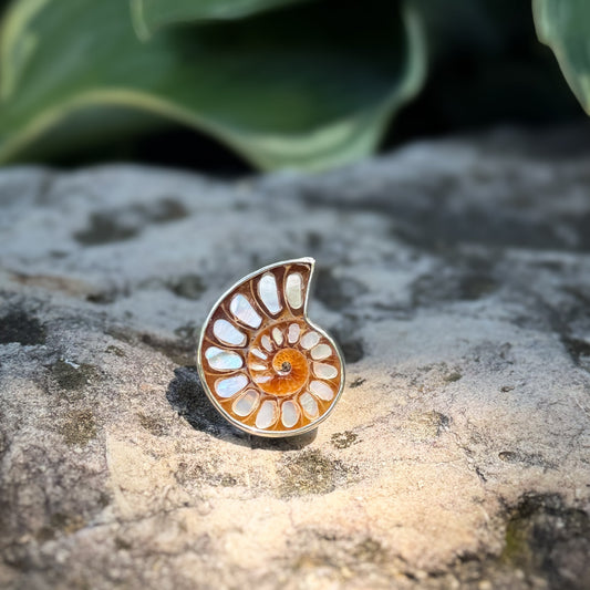 Ammonite fossil with inlaid mother of pearl ring set in sterling silver. Natural Earth Collective Ohio