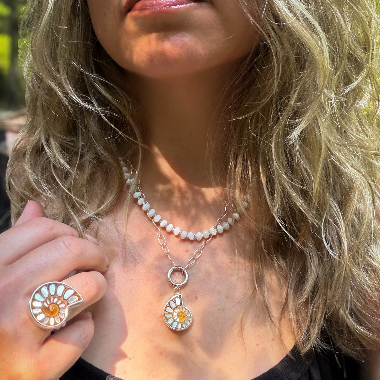 Ammonite fossil with inlaid mother of pearl pendandt set in sterling silver on a sterling silver chain with sterlin circle push clasp Natural Earth Collective Ohio