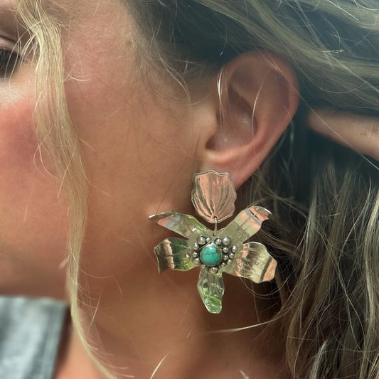 Close up sterling silver handcrafted flower statement earrings set with # * mine turquoise - natural Earth collective jewelry Ohio
