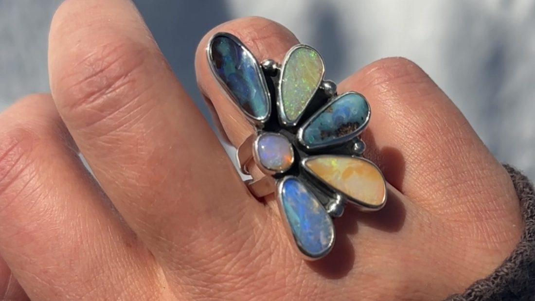 Boulder Opal Flower Ring set in sterling silver.