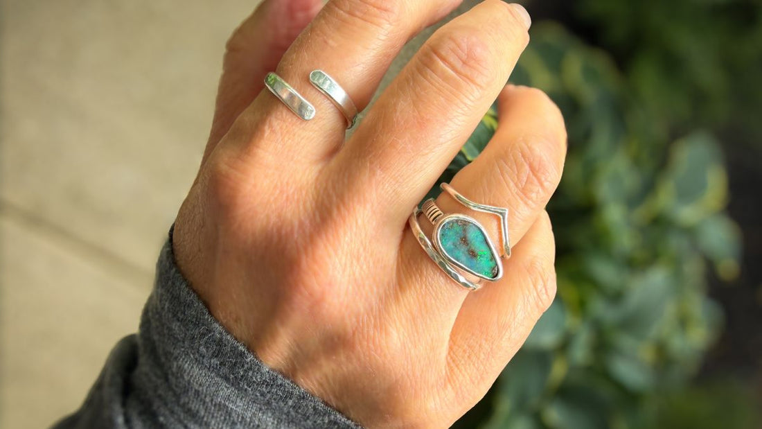 Natural stone ring stack on hand sterling silver and 14k gold filled, Natural Earth Collective artisan jewelry Ohio