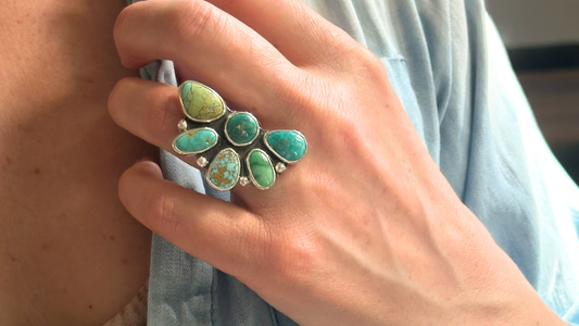 Mixed turquoise and sterling silver ring in the shape of a flower - natural earth collective ohio