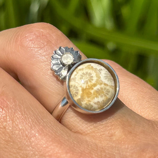 Fossilized Coral and Moonstone Ring (Finish in Your Size)