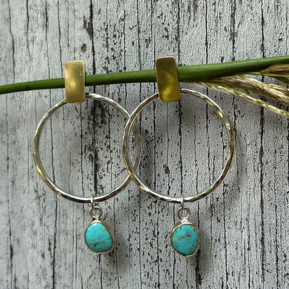 Kingman Turquoise Mixed Metal Hoop Earrings  No.3