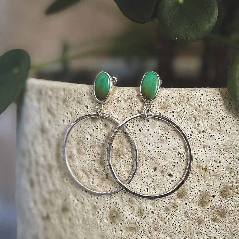 Turquoise stud hoop earrings close up, Kingman turquoise option Natural Earth Collective Ohio
