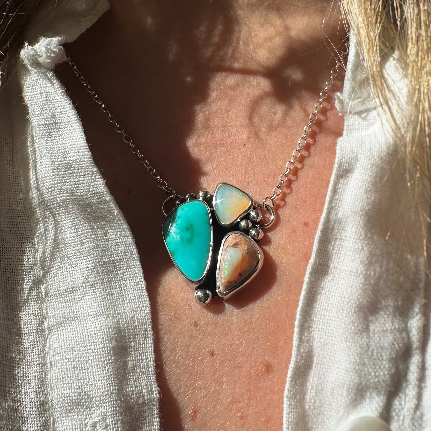 Double Opal Turquoise Necklace, Royston Turquoise Australian Pipe Crystal Opal Mexican Cantera Opal sterling silver Natural Earth Collective Ohio