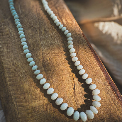 Pale green, graduated sized Amazonite beaded necklace, hand knotted on a beige sild thread. Natural Earth Collective Ohio