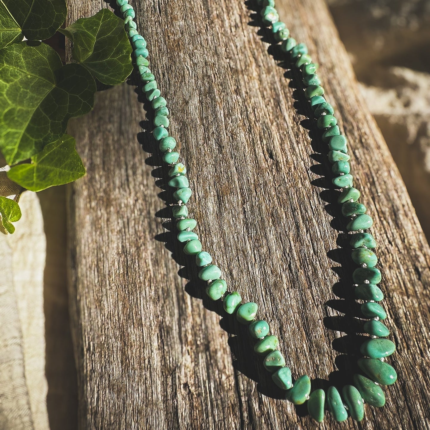 Turquoise beaded necklace, Natural Lone Mountain beads hand knotted on cream silk thread. Natural Earth Collective Ohio