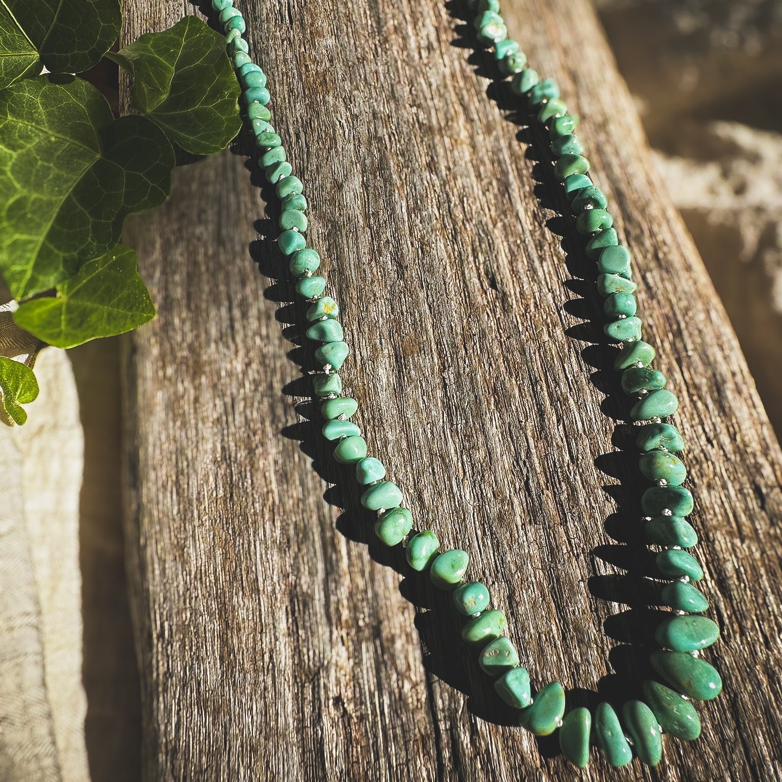 Turquoise beaded necklace, Natural Lone Mountain beads hand knotted on cream silk thread. Natural Earth Collective Ohio
