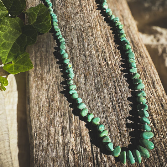Turquoise beaded necklace, Natural Lone Mountain beads hand knotted on cream silk thread. Natural Earth Collective Ohio