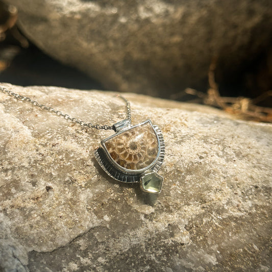 Half Moon Fossilized Ammonite and Geometric Aquamarine Pendant Necklace
