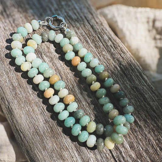 Multi shade Amazonite Beaded Necklace, hand knotted on cream silk thread with a circle push clasp that can be worn in back or front to accommodate a pendant. Natural Earth Collective, Ohio