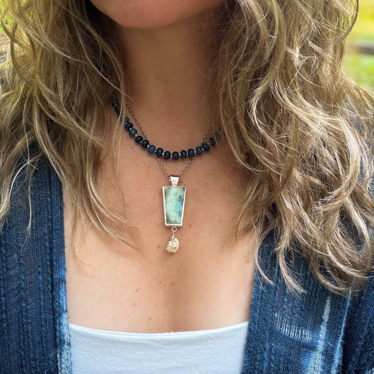 Blue Apatite Beaded necklace, hand knotted on light blue silk thread. Natuarl Earth Collective Ohio