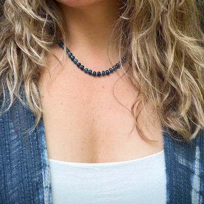 Blue Apatite Beaded necklace, hand knotted on light blue silk thread. Natuarl Earth Collective Ohio