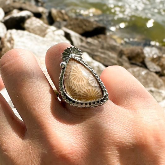 Fossilzed Coral Starburst Ring (Finish in Your Size)