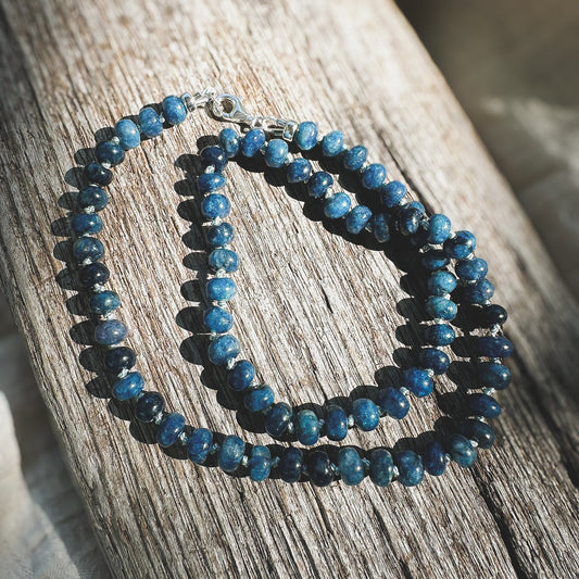 Blue Apatite Beaded necklace, hand knotted on light blue silk thread. Natuarl Earth Collective Ohio