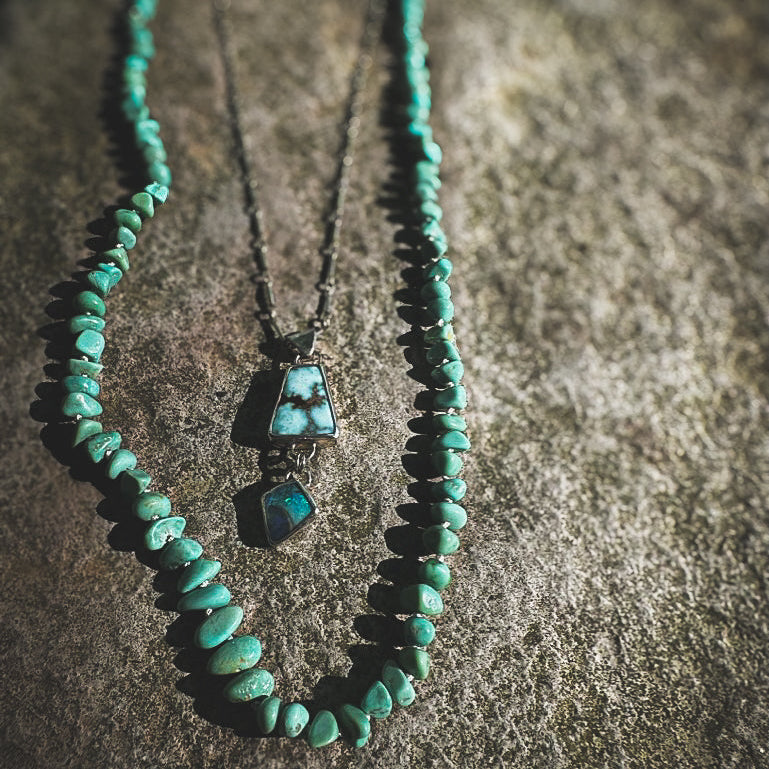 Turquoise beaded necklace, Natural Lone Mountain beads hand knotted on cream silk thread. Natural Earth Collective Ohio