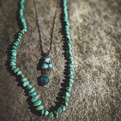 Turquoise beaded necklace, Natural Lone Mountain beads hand knotted on cream silk thread. Natural Earth Collective Ohio