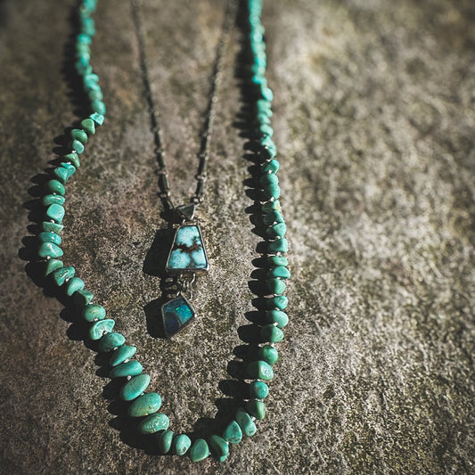 Turquoise beaded necklace, Natural Lone Mountain beads hand knotted on cream silk thread. Natural Earth Collective Ohio