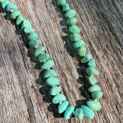 Turquoise beaded necklace, Natural Lone Mountain beads hand knotted on cream silk thread. Natural Earth Collective Ohio