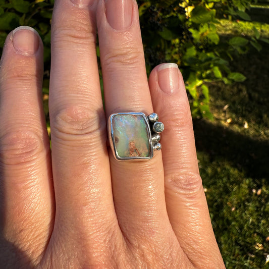 Australian Boulder Opal + Green Sapphire Ring( Size 7.5)