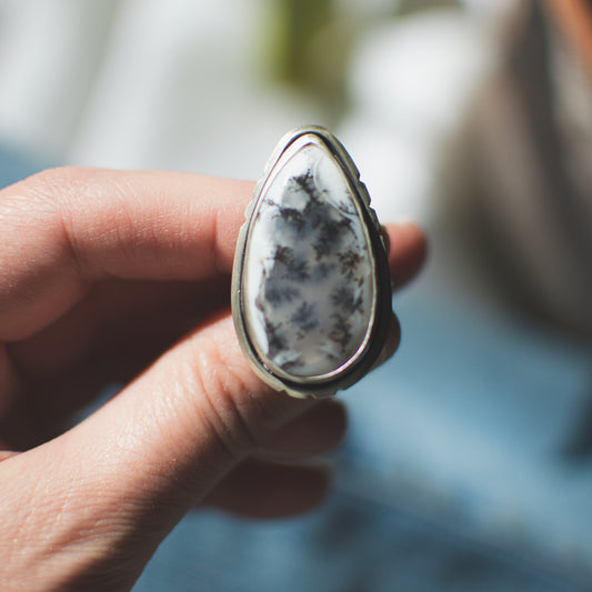 Dendritic Opal Teardrop Ring (size 8)