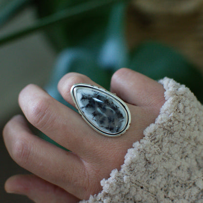 Dendritic Opal Teardrop Ring (size 8)