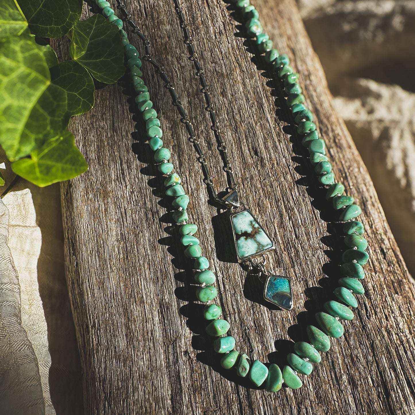 Turquoise beaded necklace, Natural Lone Mountain beads hand knotted on cream silk thread. Natural Earth Collective Ohio